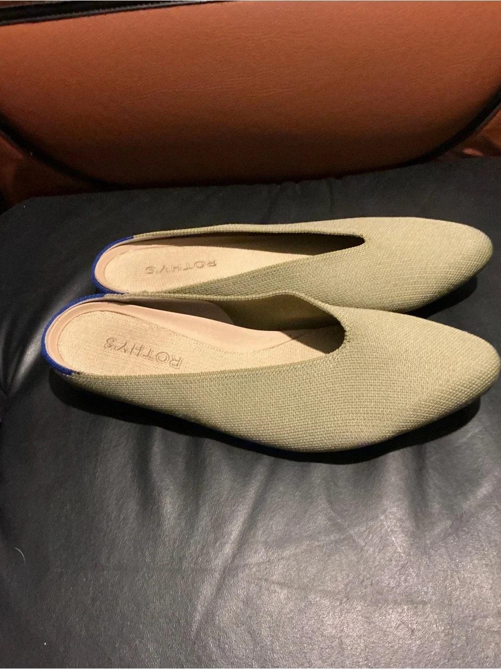 Rothy's Olive Knit Slip-On Flats with Blue Heel Trim